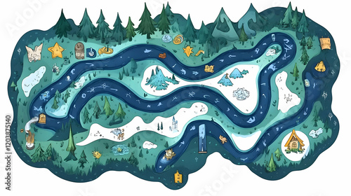 Winter river path game board forest