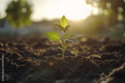 New seedling emerges from dark soil under bright sun in field