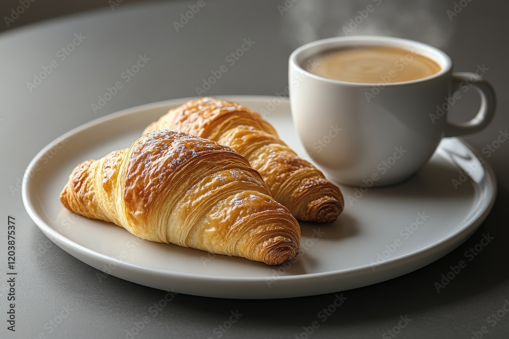 Delicate croissants and steaming coffee on a sunny morning by the window Delicate croissants and steaming coffee on a sunny morning by the window