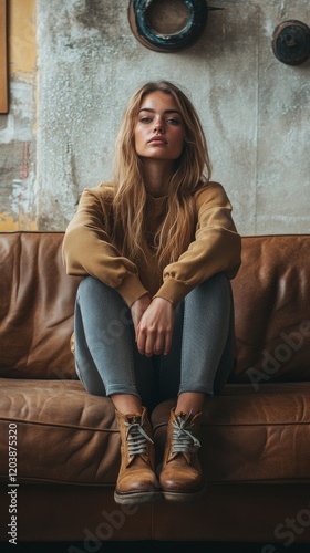 Young woman seated on a brown leather couch in a cozy indoor space with a rel...