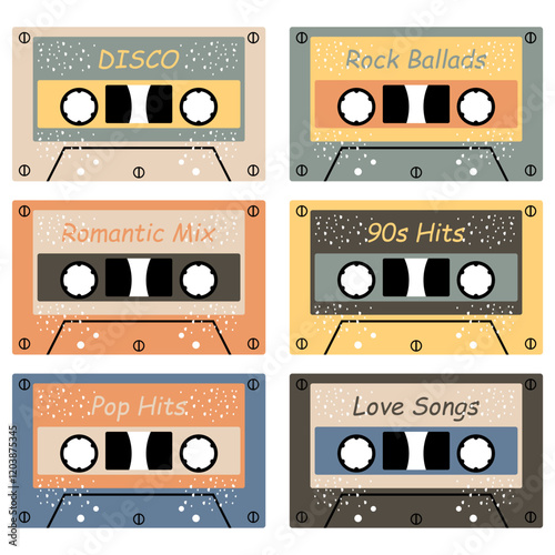 Audio cassette set on white background retro vintage music object vector illustration	
