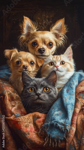 Four adorable pets cuddle together, showcasing friendship and warmth on a coz...