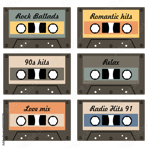  Audio cassette set on white background retro vintage music object vector illustration