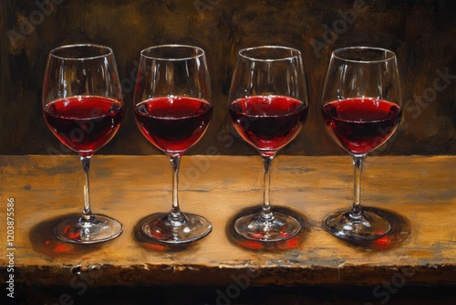 Elegant display of three red wine glasses glowing against a warm backdrop dur...