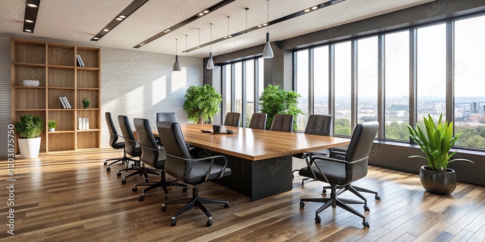 Modern Conference Room: Wooden Table & Sleek Black Chairs for Meetings Modern Conference Room: Wooden Table & Sleek Black Chairs for Meetings