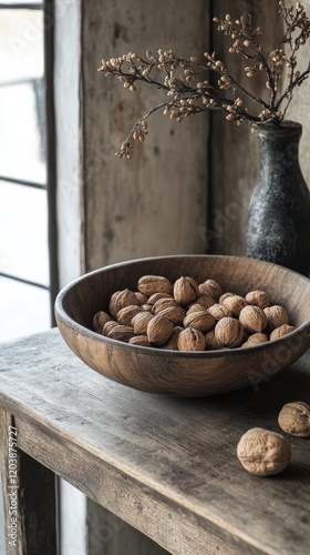 Bowl filled with assorted nuts on a rustic wooden table in a cozy setting