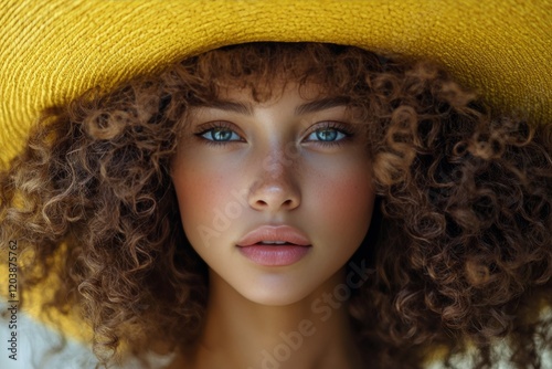 Young woman with curly hair and a large yellow hat poses for a close-up portr...
