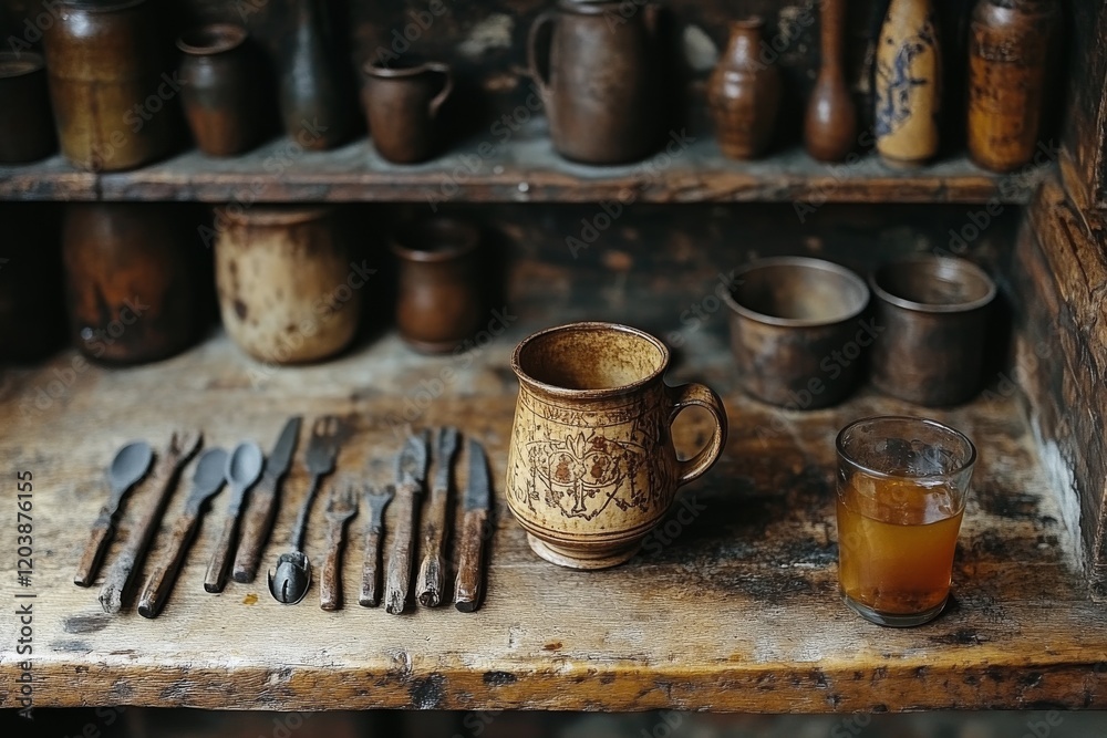 Wooden utensils arranged in a ceramic cup on a rustic kitchen counter Wooden utensils arranged in a ceramic cup on a rustic kitchen counter