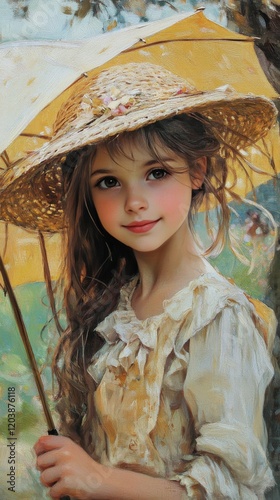 Young girl holding a parasol in a sunny outdoor setting with soft shadows pla...