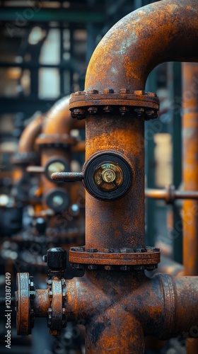 Close-up of industrial piping system with pressure gauge in a manufacturing f...