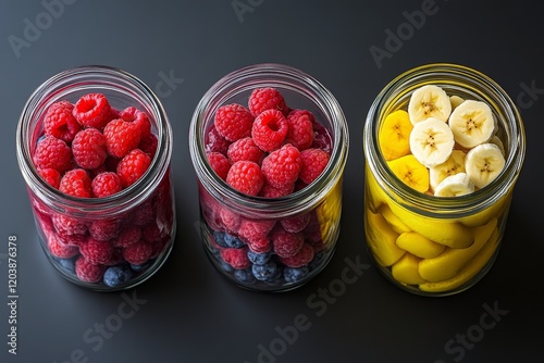 Colorful jars filled with fresh raspberries and bananas arranged on a dark su...