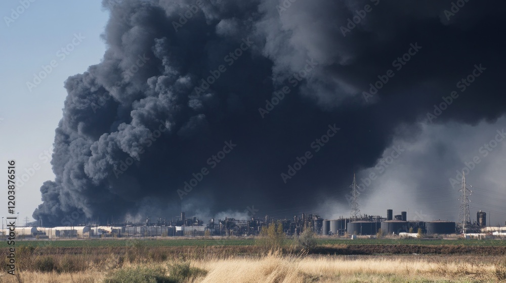Obraz premium Massive dark smoke billows from industrial site with storage tanks under blue sky