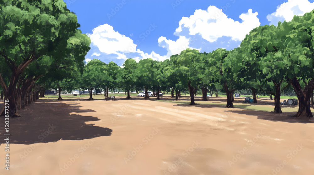 Sunny park, campers relax, trees shade, summer day Sunny park, campers relax, trees shade, summer day