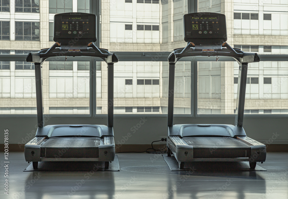 Back view of Two treadmill machines in fitness center. Looking outside through the Glass wall panels can see view building. use it as your Wallpaper, Poster and Space for text, Selective focus.