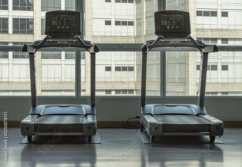 Obraz na płótnie Back view of Two treadmill machines in fitness center. Looking outside through the Glass wall panels can see view building. use it as your Wallpaper, Poster and Space for text, Selective focus. w salonie