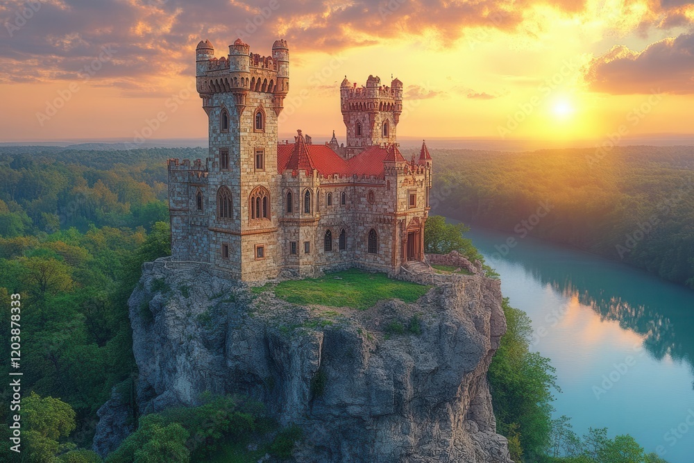 Fototapeta premium a fantastical castle perched on a rugged rock formation amidst a lush forest landscape exuding a sense of wonder and adventure with a serene lake nearby
