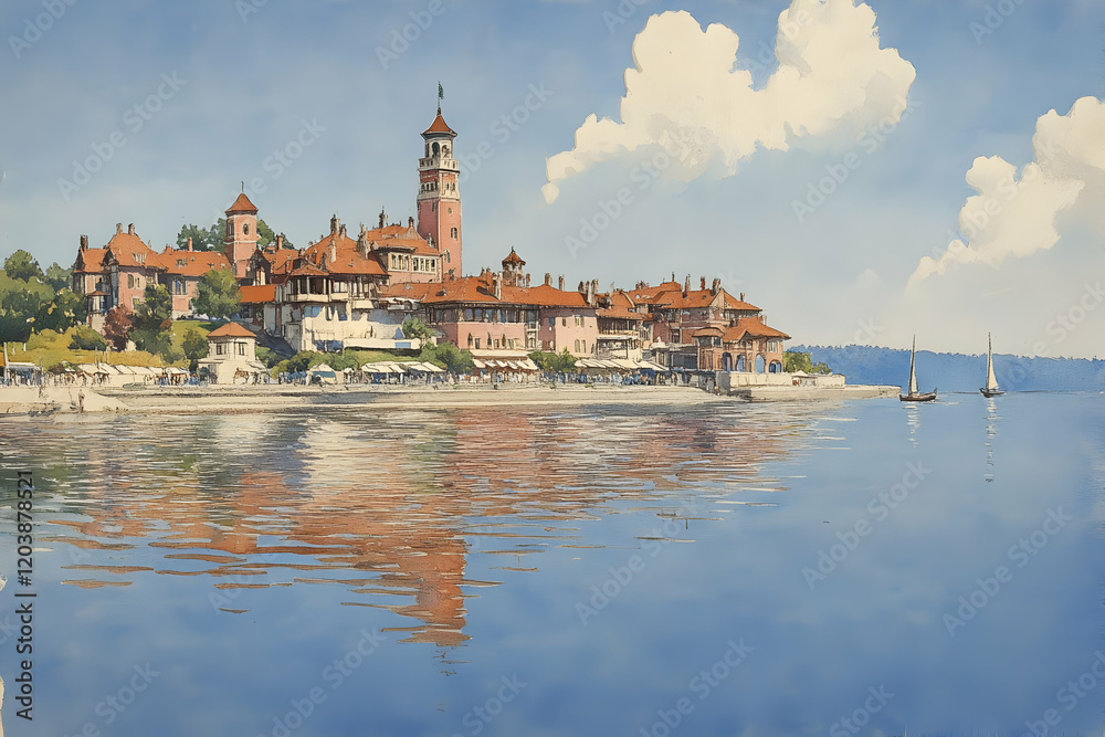 Lakeside castle, summer, reflection, sailboat, travel Lakeside castle, summer, reflection, sailboat, travel