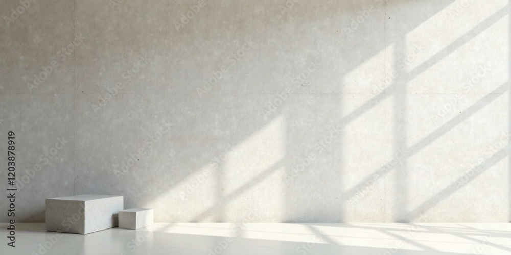 Fototapeta premium Minimalist Studio Scene with Light and Shadow on Concrete Wall Featuring Two Display Platforms