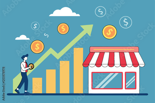 Business growth, financial success, upward trend graph, small shop icon, striped awning, businessman holding coin, blue background, floating coins, green arrow, bar chart, cloud illustrations, cartoon