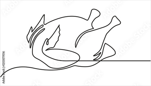 Roasted chicken continuous one line drawing illustration. Doodle outline vector illustration