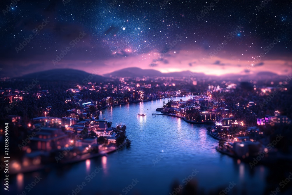 A dreamy, nighttime cityscape unfolds along a tranquil river, illuminated by the warm glow of city lights and the ethereal beauty of a star-filled sky. A dreamy, nighttime cityscape unfolds along a tranquil river, illuminated by the warm glow of city lights and the ethereal beauty of a star-filled sky.