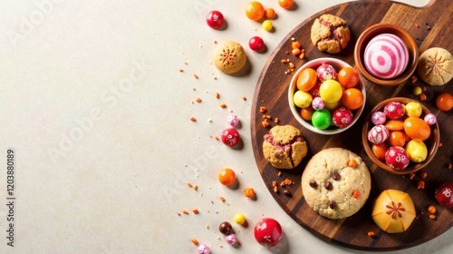 Wallpaper Mural A delightful arrangement of assorted cookies and colorful candies on a wooden board, creating a vibrant and sweet tabletop scene. Torontodigital.ca