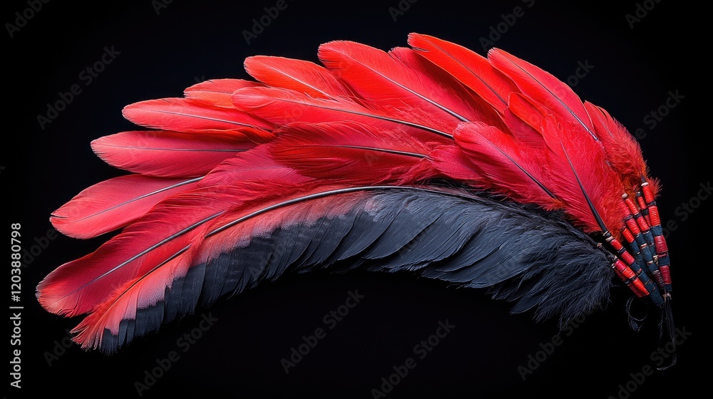 Obraz premium A solitary feathered headdress from a Native American tribe set against a black background.