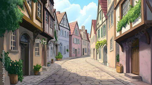 Charming cobblestone street in a medieval town, sunny day, flowers in pots, tourism postcard