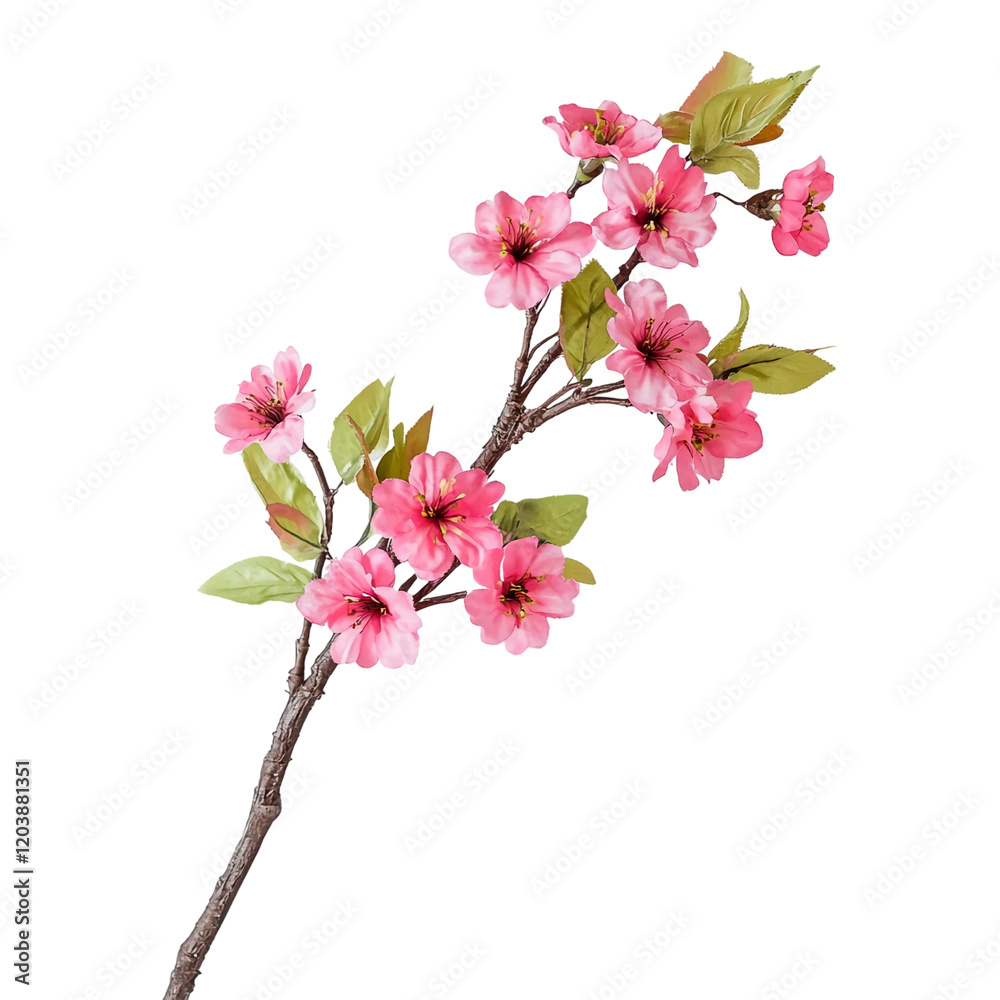 Branch of pink flowers with green leaves isolated on a transparent background, png image, cut out Branch of pink flowers with green leaves isolated on a transparent background, png image, cut out