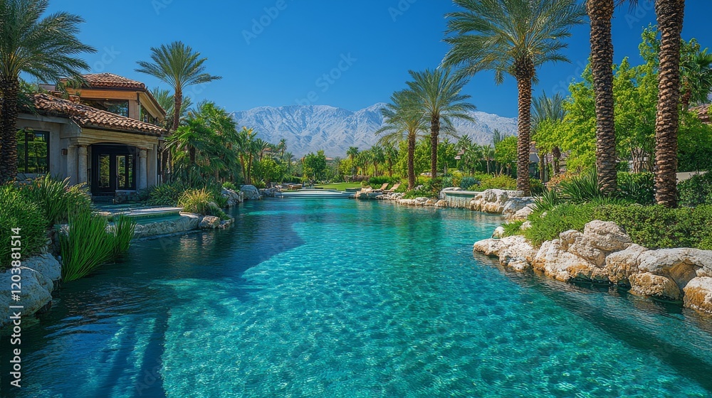 Fototapeta premium Serene luxury estate with stunning pool and mountain backdrop on a clear day