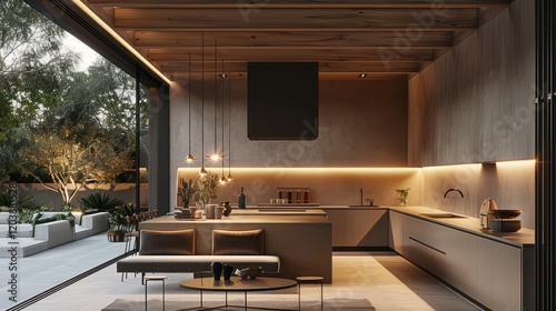 An open-air, minimalist kitchen with a Nordic-inspired ceiling featuring clean wooden beams and a subtle modern design, The kitchen is illuminated by warm pendant lights and soft LED strips.