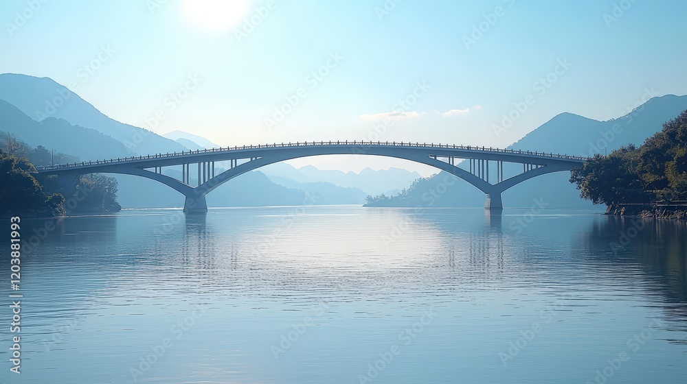 Fototapeta premium Wide Angle Shot of the Scenic Lushan Bridge Over Calm Waters Surrounded by Majestic Mountains in Serene Daylight View