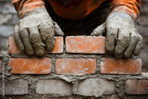 A bricklayer placing bricks perfectly in a row with trowel and mortar.