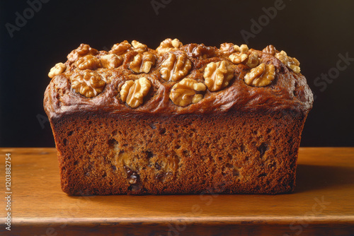 Delicious homemade walnut banana bread cooling on a wooden surface, showcasing its rich texture and golden crust beneath warm lighting
