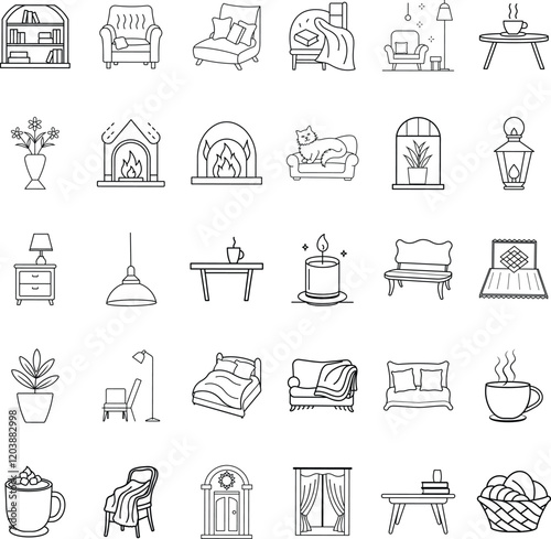Cozy Home Interior Line Icons Furniture, Decor, and Comfort