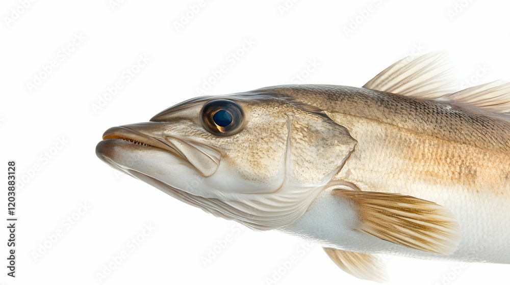 Close-up of fish head, profile view, isolated on white background, for seafood industry use Close-up of fish head, profile view, isolated on white background, for seafood industry use