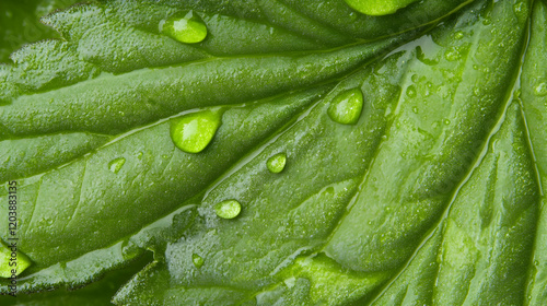 Close-up of dew drops on a vibrant green leaf.  Nature background ideal for health, wellness, or environmental themes photo