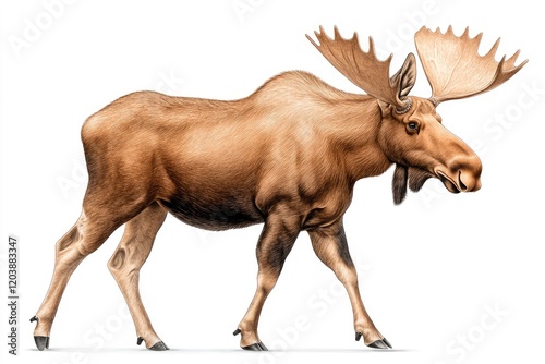 Realistic illustration of a moose walking gracefully against a plain background, showcasing its majestic antlers photo