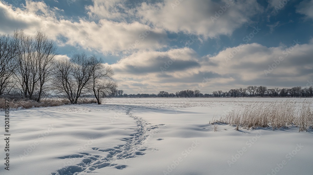 A cold winter day with a cloudy sky and a thick layer of snow covering the ground. A cold winter day with a cloudy sky and a thick layer of snow covering the ground.
