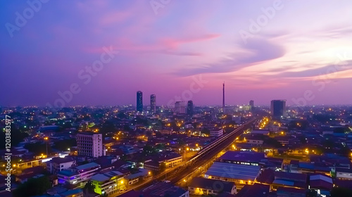 Colombo city skyline at sunset, elevated view showing highway and urban sprawl, ideal for travel brochures