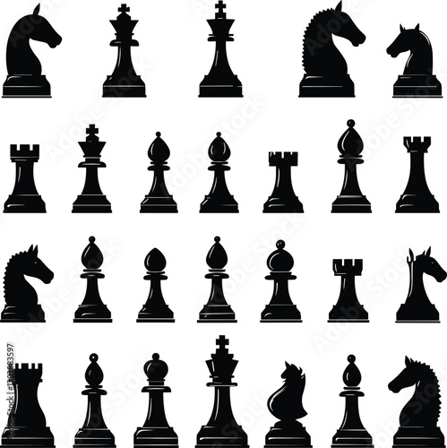 Silhouette of chess, Black silhouettes of Chess checkmate, Set of chess vector icons, Chess icon set, Silhouettes of chess pieces, Chess checkmate silhouettes set, Chess, King, Piece, Queen, Horse