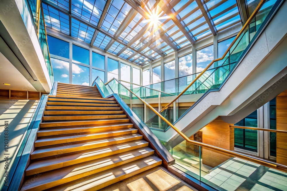 Fototapeta premium Modern Staircase Architecture, Glass Skylights, Geometric Lines, Interior Design, Light and Shadow