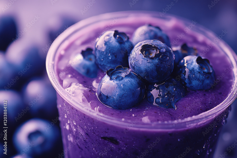 Refreshing blueberry smoothie topped with fresh berries in a vibrant setting on a sunny day Refreshing blueberry smoothie topped with fresh berries in a vibrant setting on a sunny day