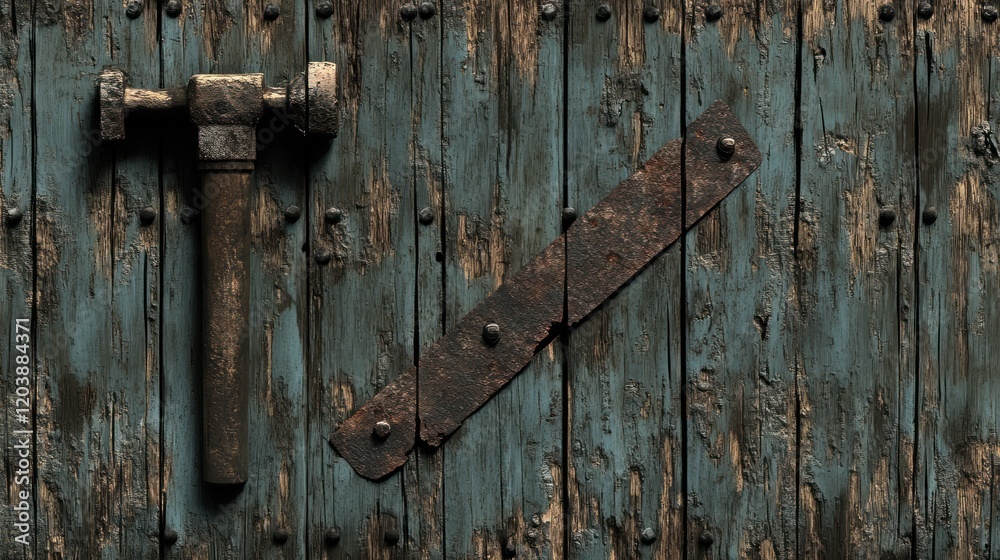 Rusty hammer and metal plate on weathered wood. Rusty hammer and metal plate on weathered wood.