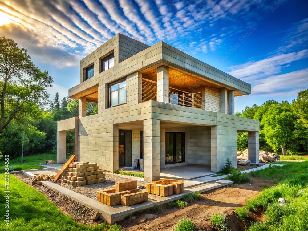 Modern Two-Story House Under Construction, Concrete & Brick Exterior, Serene Landscape Modern Two-Story House Under Construction, Concrete & Brick Exterior, Serene Landscape