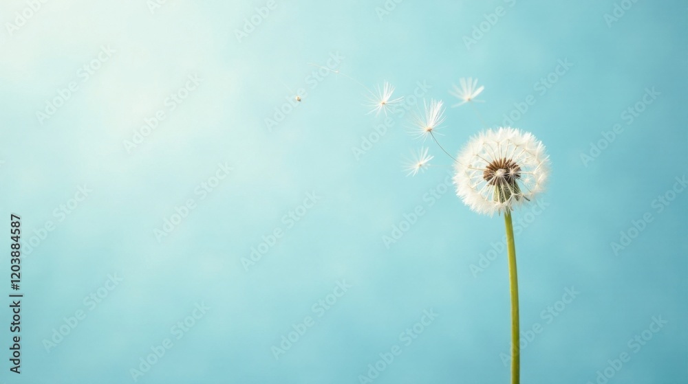 Fototapeta premium A delicate dandelion seed head against a serene pastel blue background, with seeds gently drifting in the breeze, symbolizing change and new beginnings.