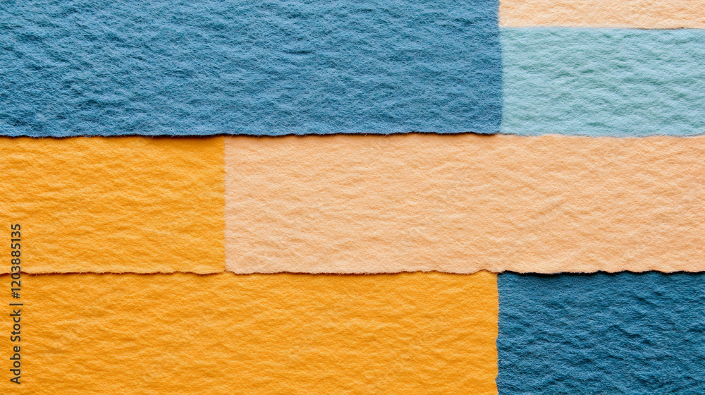 Fototapeta premium Colorful textured paper sheets arranged, overhead view, craft background, design element