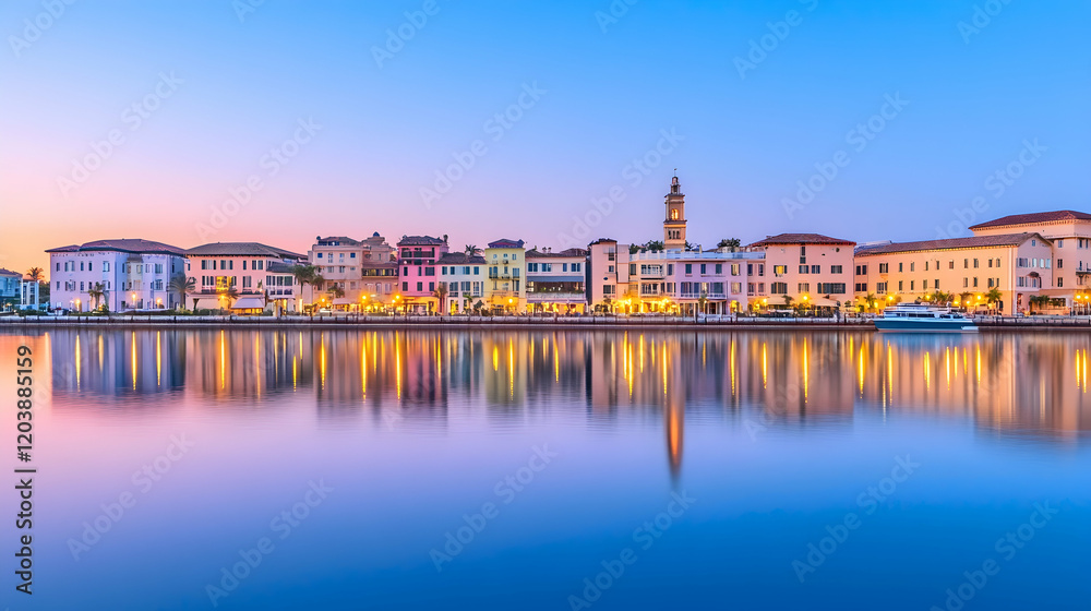 Naklejka premium Colorful waterfront town at sunset, calm waters reflecting buildings, ideal for travel brochures