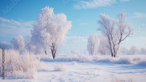 A frigid winter scene with frost-covered trees and freezing temperatures. photo