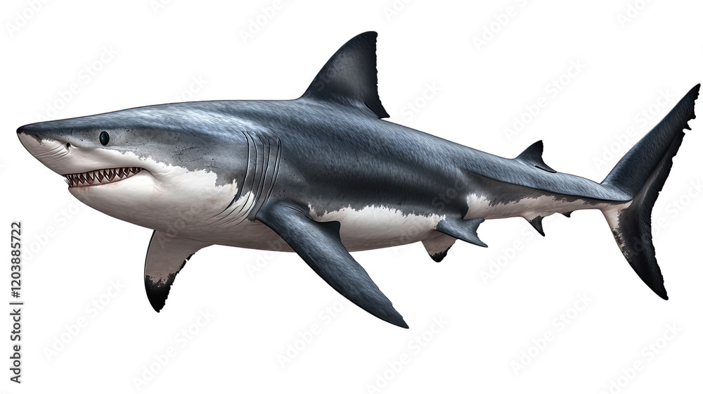 Obraz premium Great White Shark Portrait: A powerful Great White Shark, with its iconic white belly and sharp teeth, swims majestically through the ocean depths.